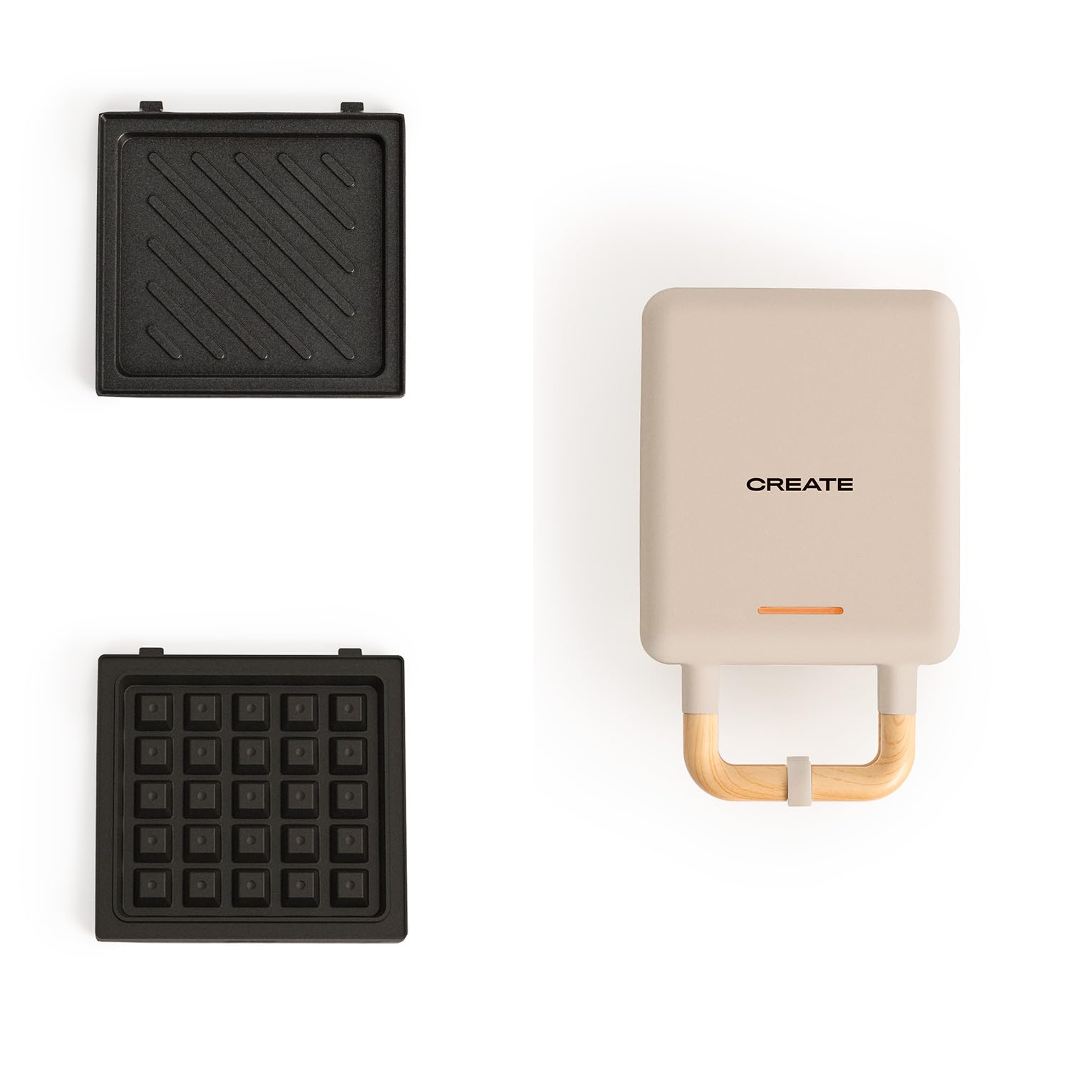 CREATE/​STONE STUDIO/​Sandwichera-​Grill y gofrera individual arena / 2 placas intercambiables: Sandwich y Gofre, antiadherente, 1 rebanada, apertura 100º, autoapagado, asa tacto frío, 600W