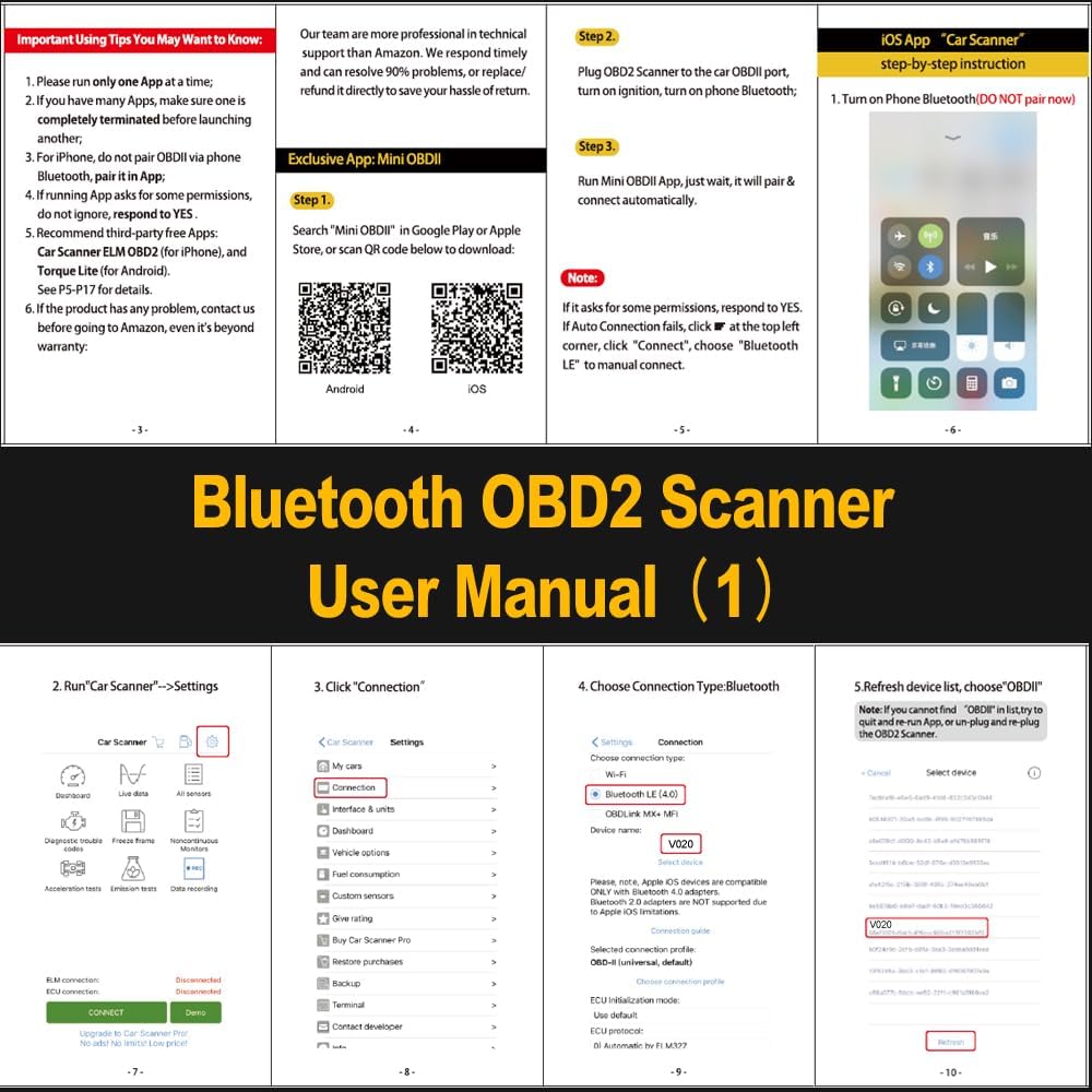 Car OBD2 Scanner Bluetooth for iPhone iOS Android OBDII Diagnostic Scan Tool Code Reader for Error Code Clear Braking Performance Test