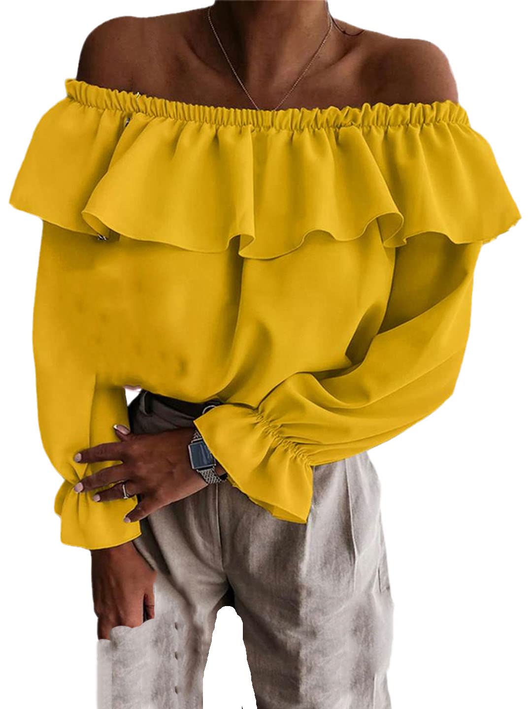 Générique Femmes Sexy Hors épaule Blouses été Flare à Manches Longues Couleur Unie Tunique Hauts Dames Hauts à Volants