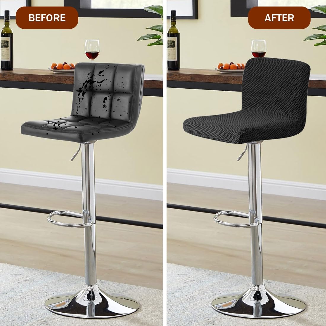 Waterproof Bar Stool Covers with Backs, Stretch Jacquard Bar Stool Chair Covers with Back Washable Bar Chair Covers Swivel Barstool Slipcovers Set of 6, Black