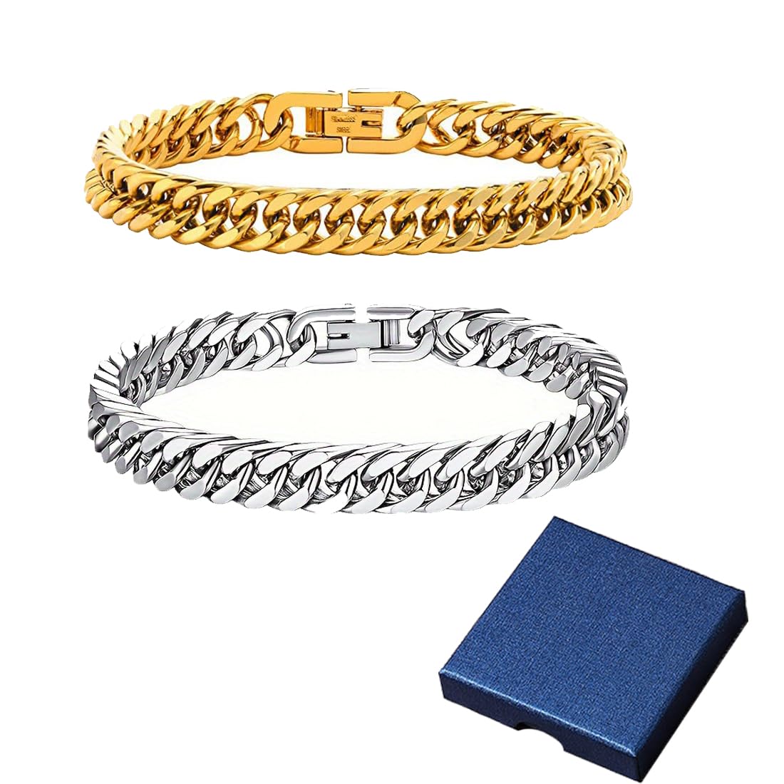 WERIGONI 2PCS Pulsera de acero inoxidable para hombre, color plateado y dorado