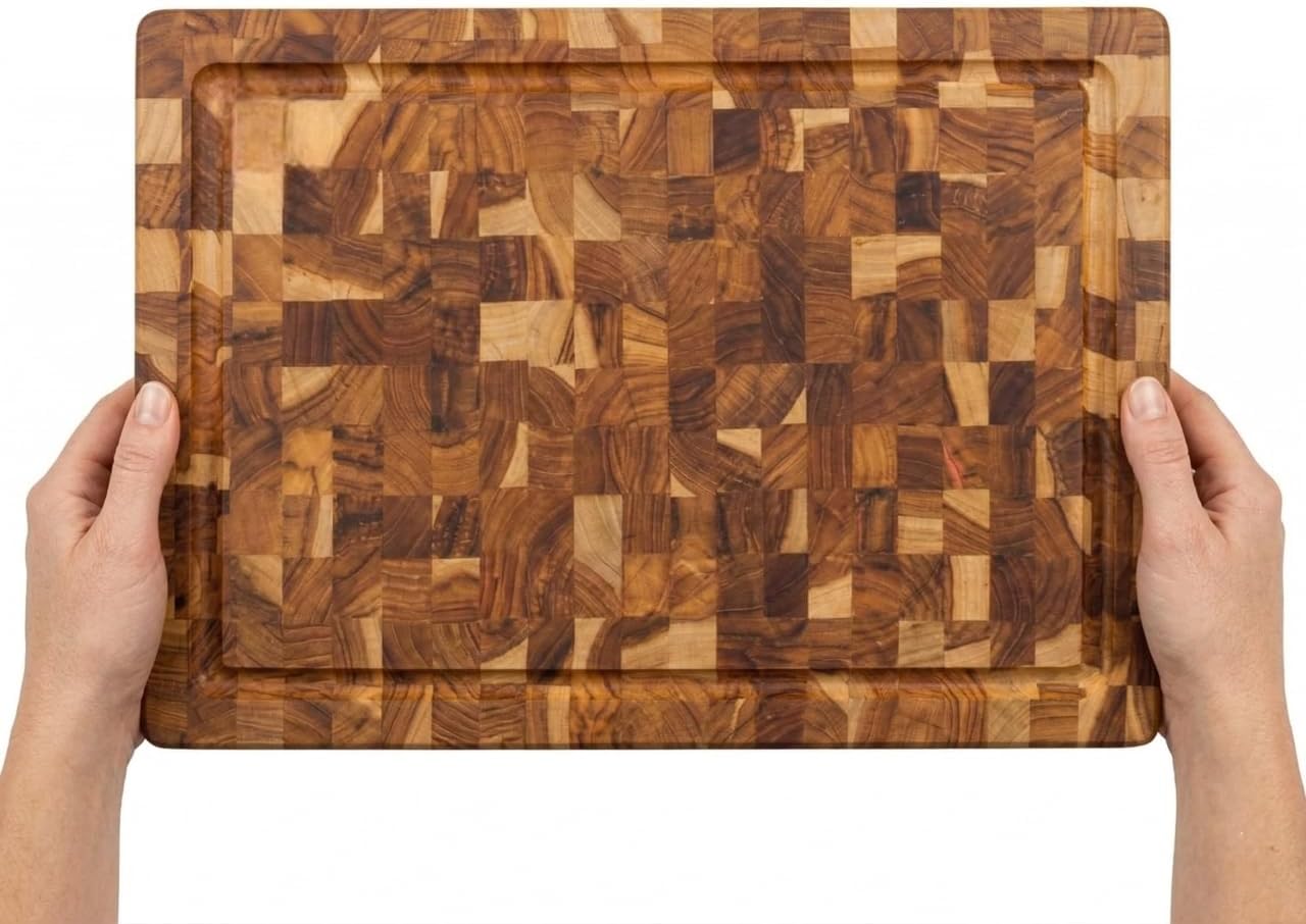 2-PACK Small & Medium Set Compact Natural Teak Wood Cutting Boards with Juice Groove – Durable End Grain Butcher Block, Knife-Friendly, FSC, Chopping Board for Charcuterie Kitchen BBQ Gifts