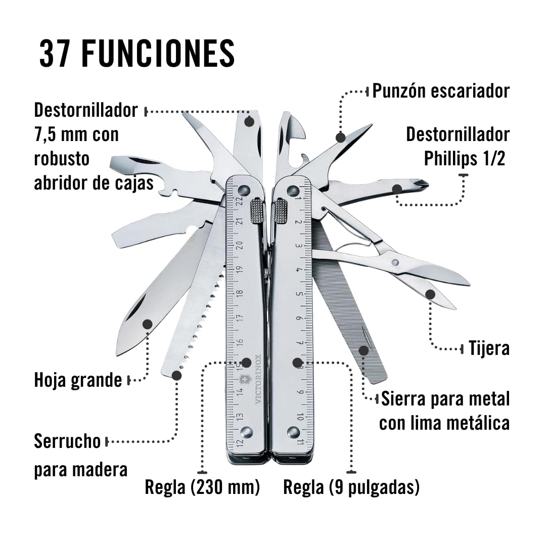 Victorinox Multifunktionswerkzeug SwissTool X Plus (37 Funktionen, Bit-Schlüssel, Kombi-Zange) Leder-Etui, silber