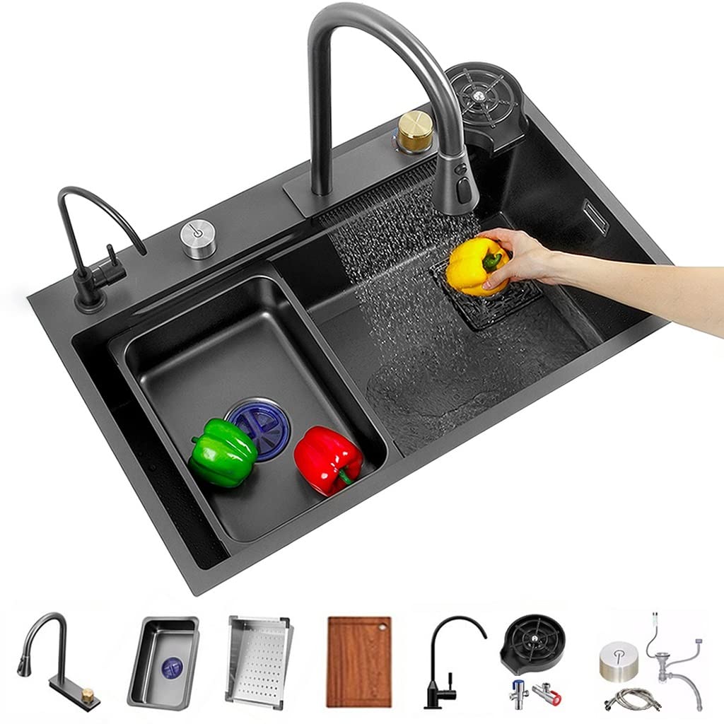 ZQFHSX Stainless Steel Single-Bowl Kitchen Workstation Sink Versatile Bar Waterfall Pull-Down Faucet And Complete Accessory (Color : Black, Size 80x45x22cm)