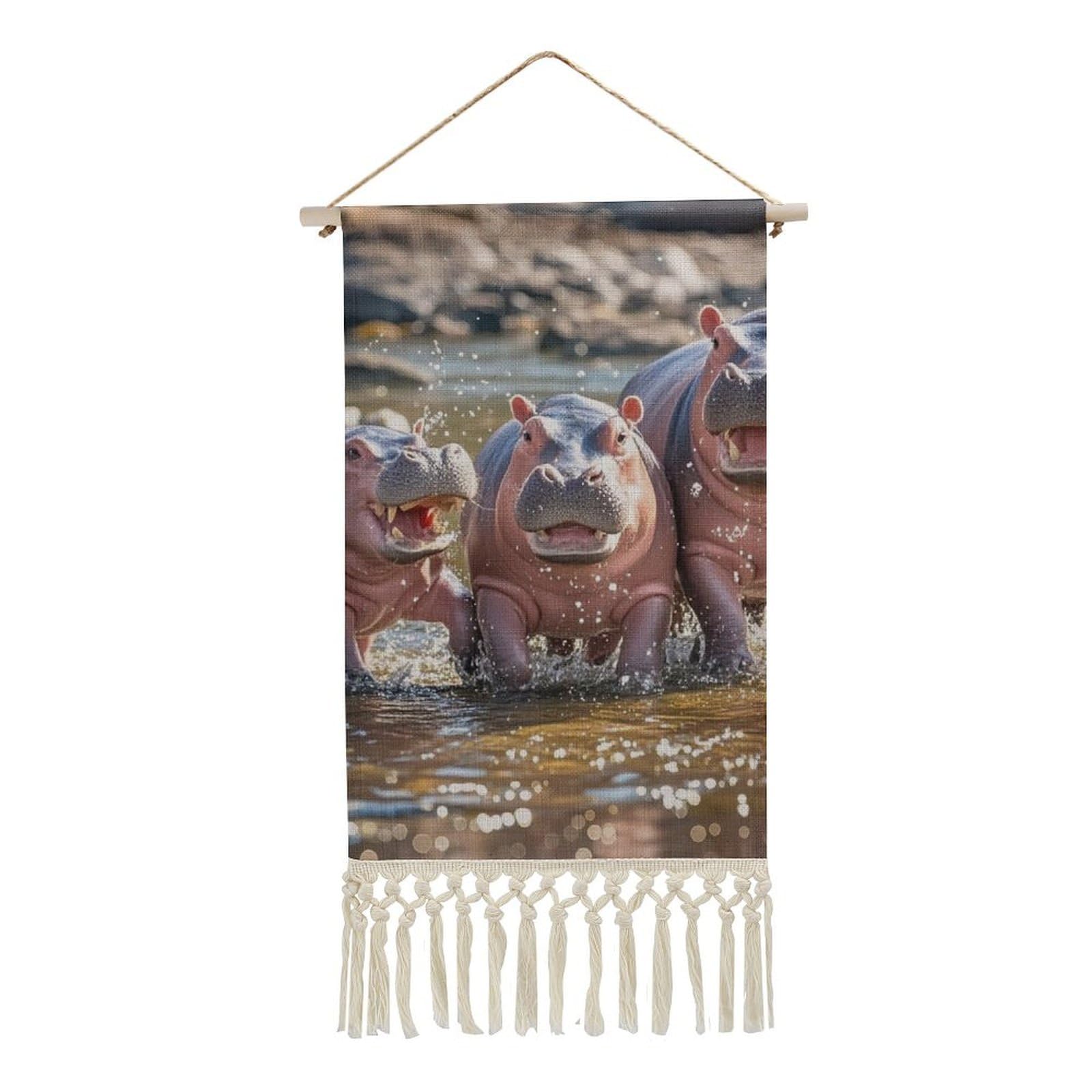 FekiLoot Hippos Wall Art Poster Hanger Frame Vertical Tassel Tapestry Cotton Linen Hanging Poster Decorative Wall Art Prints Vintage Wall Art Decor for Home Bedroom Living Room Office