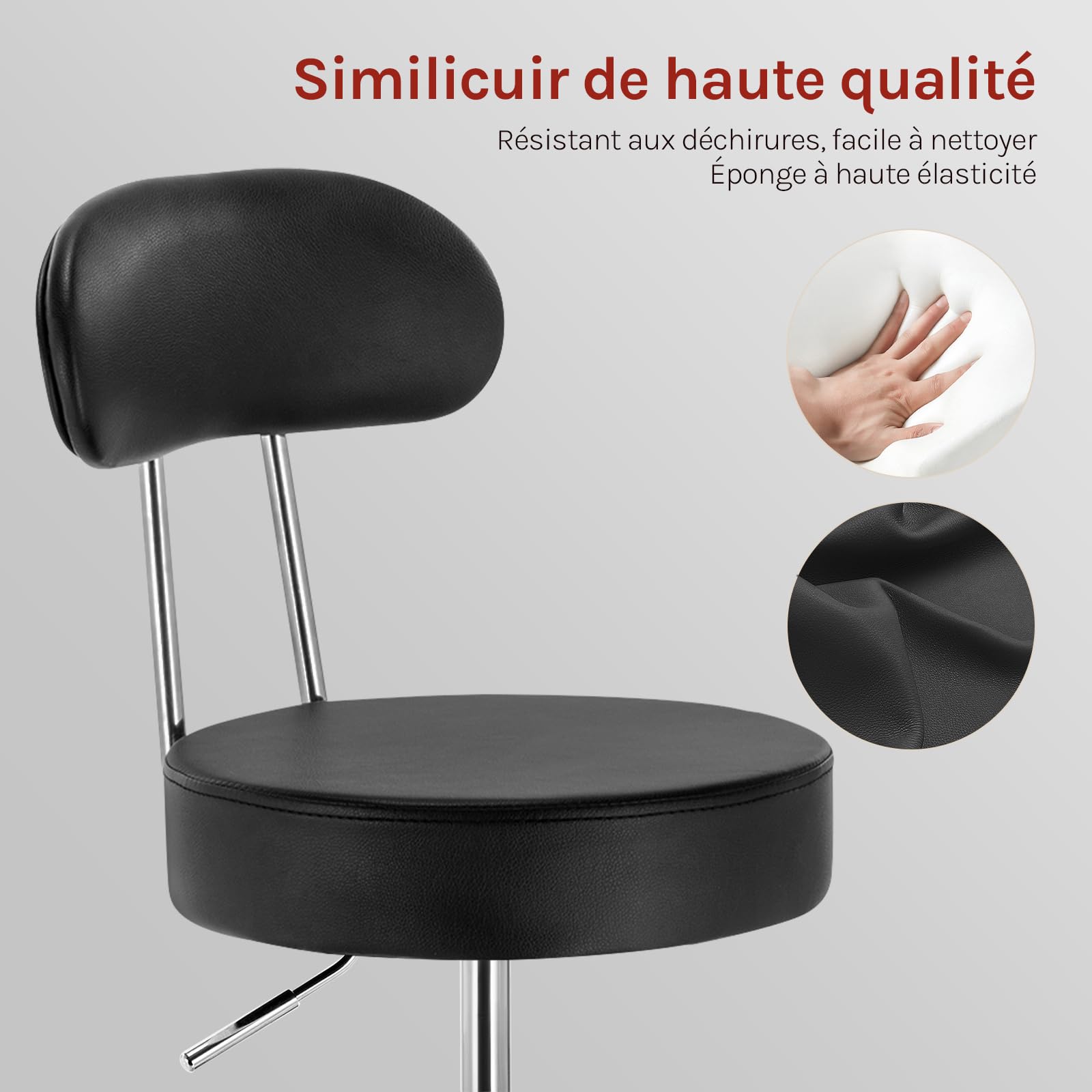 WOLTU Tabouret de Bureau Tabouret à roulettes avec Dossier,Chaise pivotante Chaise de Bureau Hauteur réglable,Noir