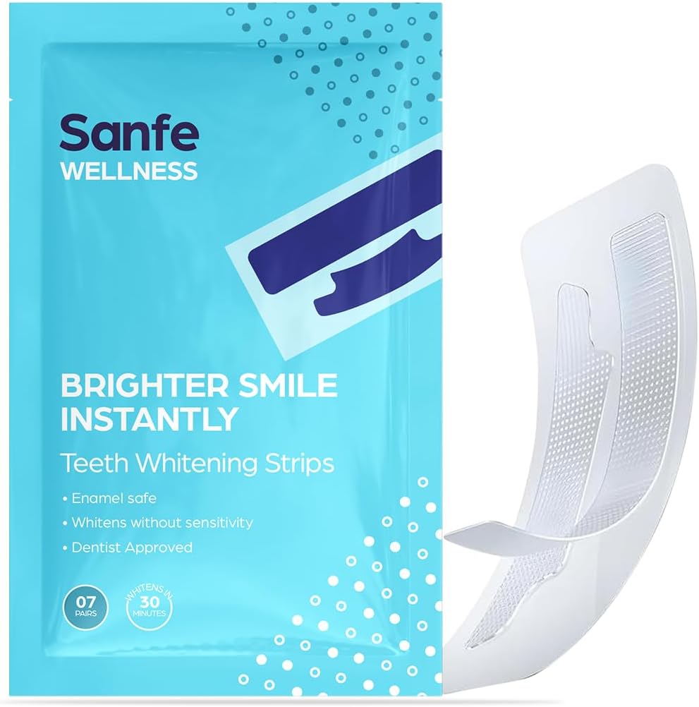 Sanfe Teeth Whitening Strips | Brighter Smile Instantly | Enamel safe, whitens without sensitivity, dentist approved | Whitens in 30 minutes | 7 Pairs, For men & women