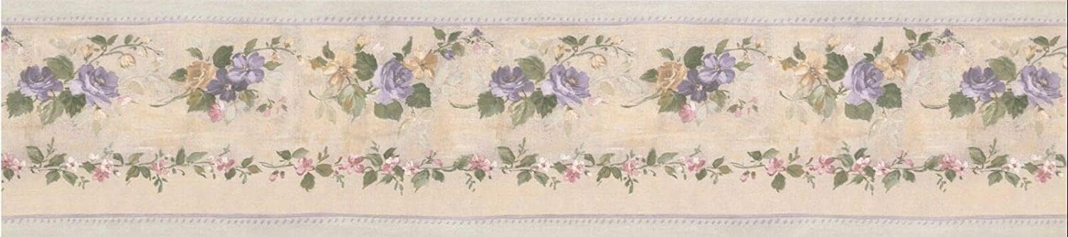CONCORD WALLCOVERINGS ™ Wallpaper Border Floral Pattern Flowers Leaves for Cottage Kitchen Dining Room, Beige Green Purple, 15 ft by 5.5 in PP76556