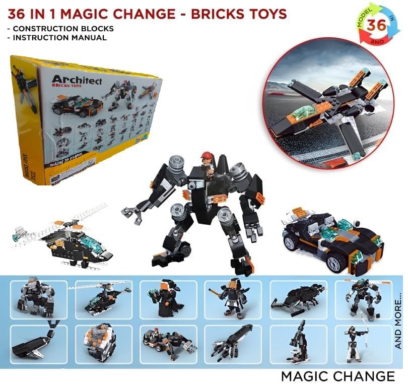 Image of Sky Tech 36-in-1 Magic Building Blocks Set | 256+ Pieces | Creative Construction Toy for Kids | Includes Instruction Manual | Ideal for Boys & Girls Ages 6+ | DIY Brick Robot, Jet, Ship Models