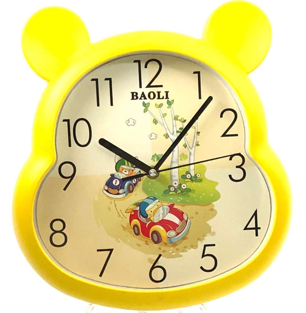 Kids, Baby, Boys Room Cute Silent Non ticking Colourful Decorative Wall Clocks Easy to Read in Children's Bedroom (Yellow)