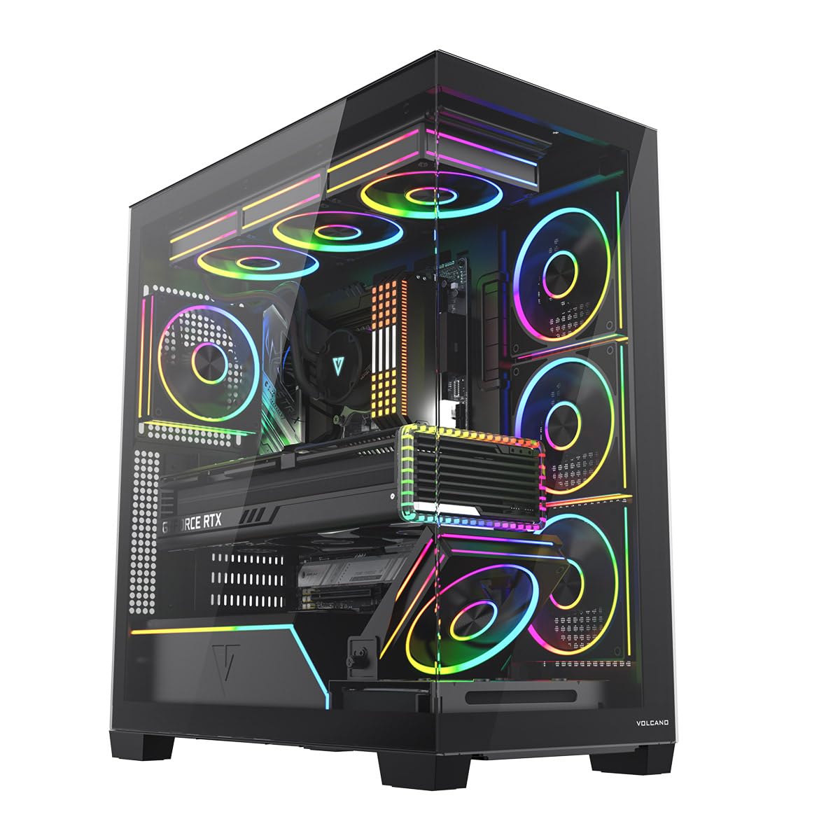 MODECOM Volcano STELLAR Plus ARGB Caja de gaming negra | Caja de ordenador de torre media con 5 ventiladores | Caja ATX para PC de alto rendimiento | Flujo de aire optimizado y ventana de visión |