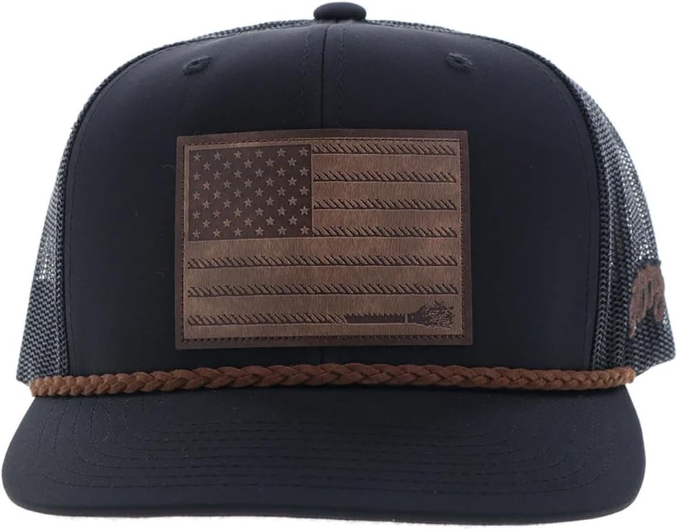 HOOEY Liberty Roper Hat - Adjustable Snapback Mesh Trucker Cap with Leather USA Flag Patch and Western Rope Trim