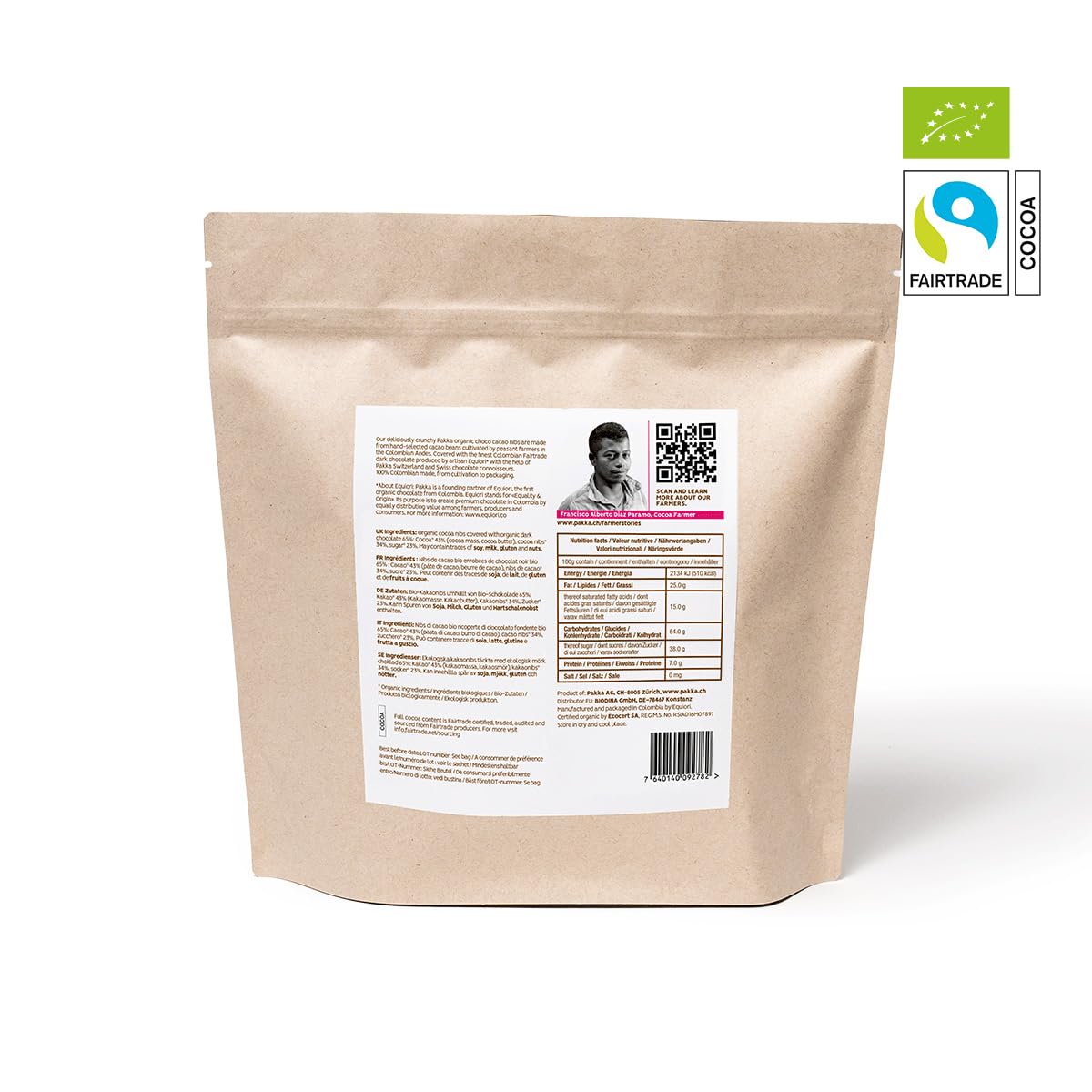 PAKKA Bio Fairtrade Chocolate noir grué de cacao, 1kg, chocolat écologique & équitable, Cacao Cocoa Nibs, fabriqué et mis en emballage directement par le producteur en Colombie, végétalien, 1000g