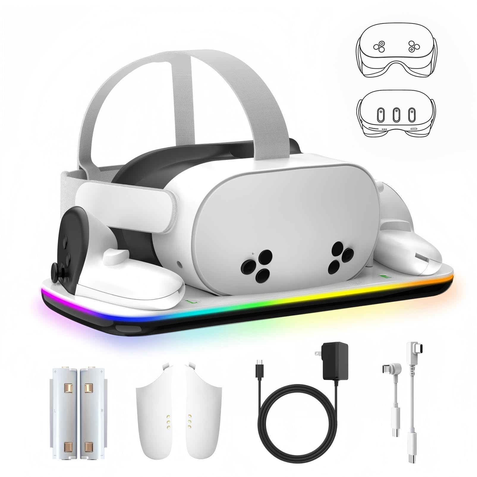 Charging Dock Compatible with Meta Quest 3/3S, Magnetic Fast Charging | Closable 9 RGB Modes, 2 Rechargeable Batteries, With USB-C Cable & Adapter, Compatible with VR Headset Controller Accessories