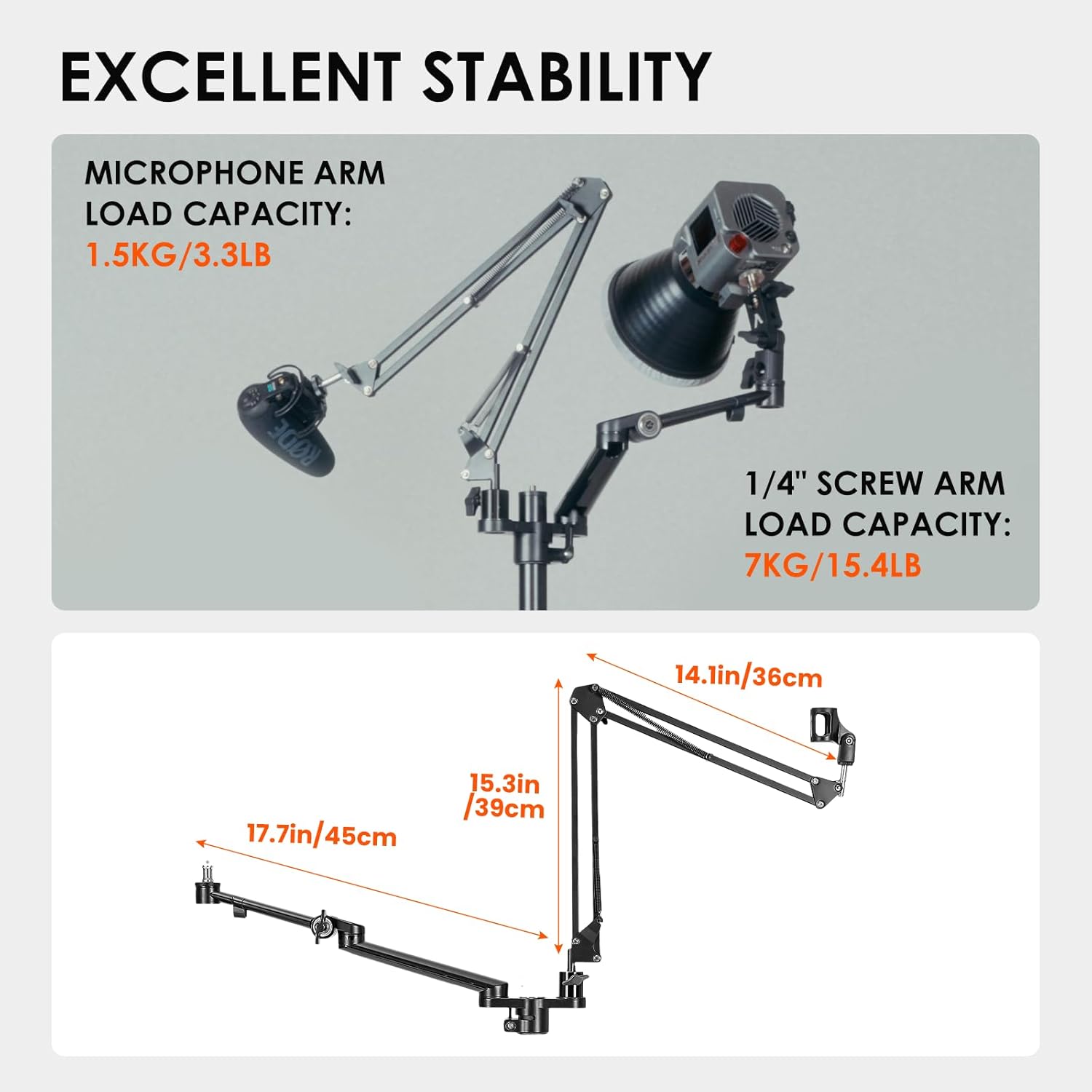TARION Modular Desktop Arm Set - 18"/45 cm Adjustable Stand with Spigot Mount for COB Lights + 29.4"/75 cm (Max) Mic Boom Stand for Microphone Compatible with 35 mm Rods - Titanrig Arm Y