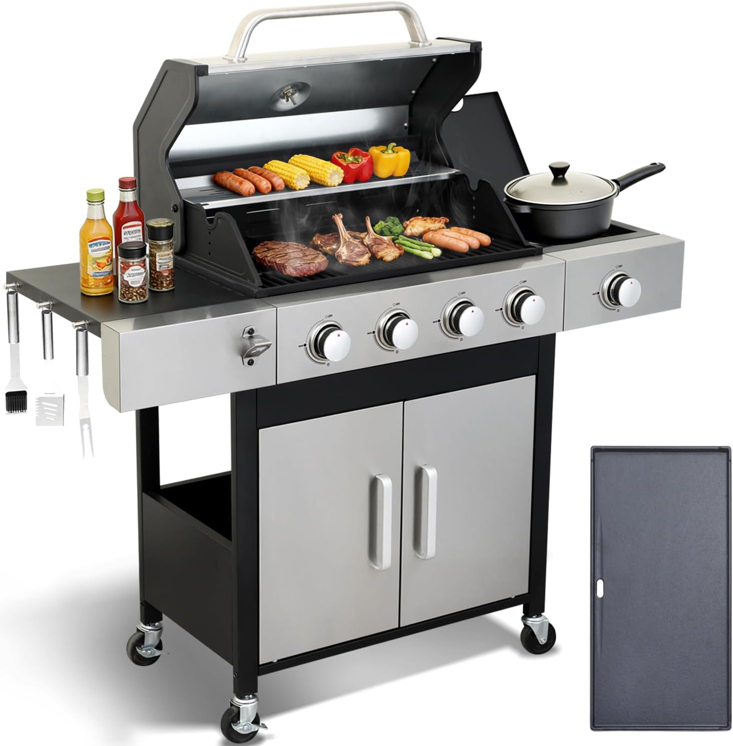 4 Burner Propane Gas Grill | 49,000 BTU Cast Iron Grill, Storage, Side Burner, Pullout Oil Drip Tray | Perfect for outdoor Cooking, Garden, Backyard and Patio