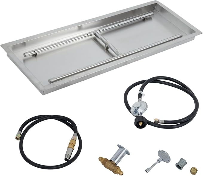 30x10 in Drop in Fire Pit Burner Kit, Stainless Steel Fire Pit Kit with Burner, Hose Kit, Insert Rectangular Fire Pit Burner Pan for Natural Gas, Propane, Outdoor Fire Pit Pan Kit
