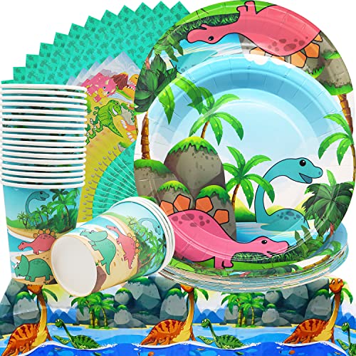 61 Pièces Articles de Fête de Dinosaure, Ensemble de Vaisselle de Dinosaure Comprennent Assiettes, Tasses, Serviettes de Table et Nappe, Fournitures de Fête d'anniversaire Enfant (Sert 20 Invités) Cover