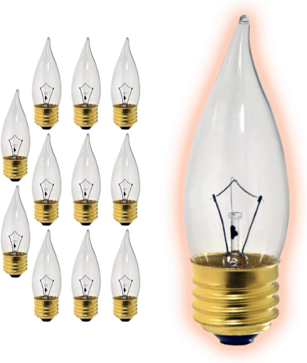 GoodBulb 25-Watt Incandescent Flame Tip Light Bulbs CA10 Clear Finish Medium E26 Base 2700K Warm White Color Dimmable 25W 175 Lumens Pack of 12 Bulbs