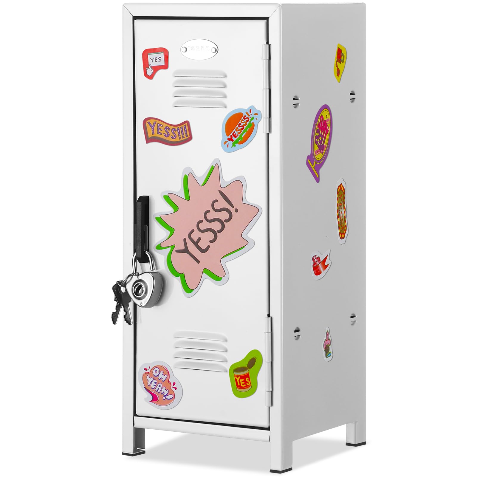Vercraft Mini Locker with Lock Keys Stickers 10.8inch Small Storage Locker Desk Locker Metal Small Locker Miniature Storage Locker Functional Safe Metal Locker for Desktop Bedroom Home Office (White)