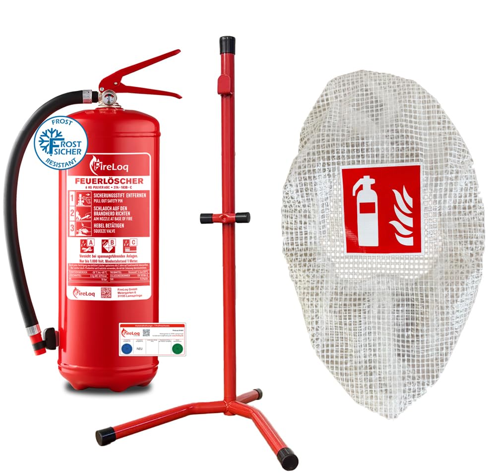 6kg Pulver Feuerlöscher mit Ständer und Gitterschutzhaube mit Prüfnachweis und Manometer