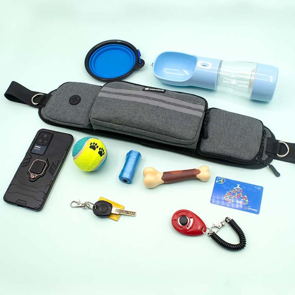 Leckerlitasche für Hunde, Bauchtasche für Hunde Zubehör-Leckerlibeutel mit Kotbeutelspender, reflektierende Bungee-Waist-Leine Für Gassi, Wanderungen & Hundetraining (Grau, Mit 1 Hundeleine)