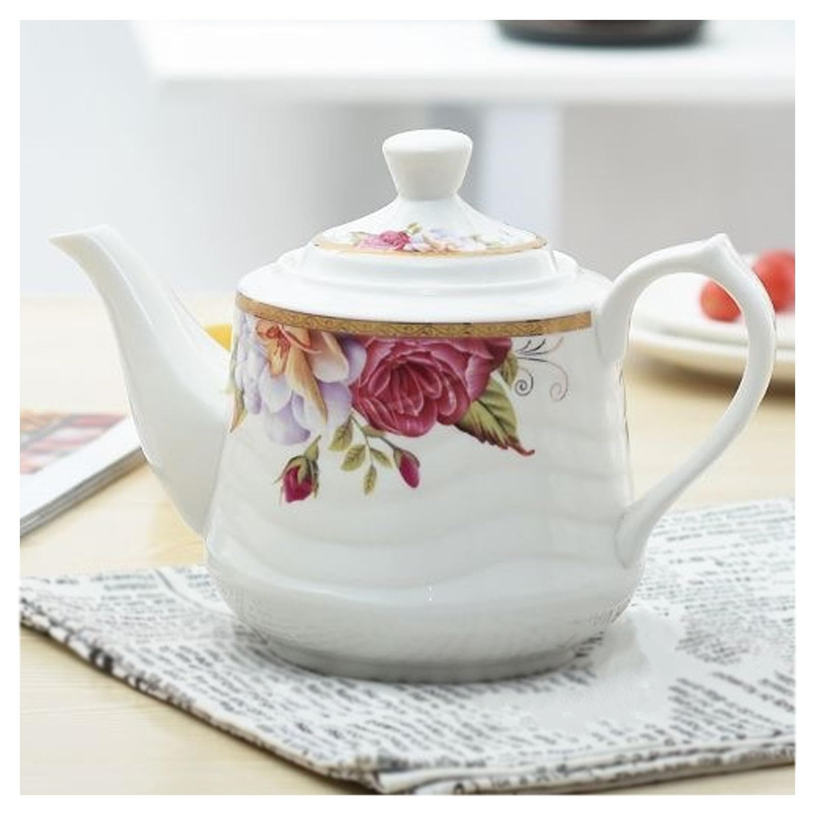 Porcelanowy czajniczek w stylu vintage, odporny na wysokie temperatury, zestaw do herbaty, popołudniowa herbata, dzbanek do kawy, do biura, domu, ze złotym brzegiem, pojemność 1000 ml