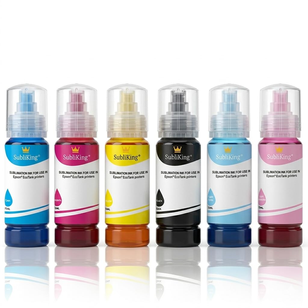 Sublimationstinten für Epson® EcoTank ET-18100 Sublimationsdrucker, Premium Markentinten, 6-Farben Set mit Light-Cyan und Light-Magenta