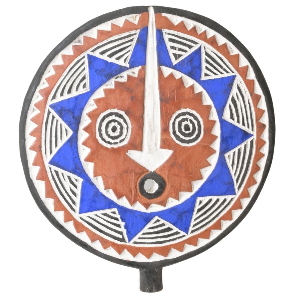 African Delights Hand Carved Sun Mask - Authentic African Art Wall Decor - Burkina Faso Bwa Peoples African Wall Art - Large 15.5in African Art for Home Decor (Sun Mask Red)
