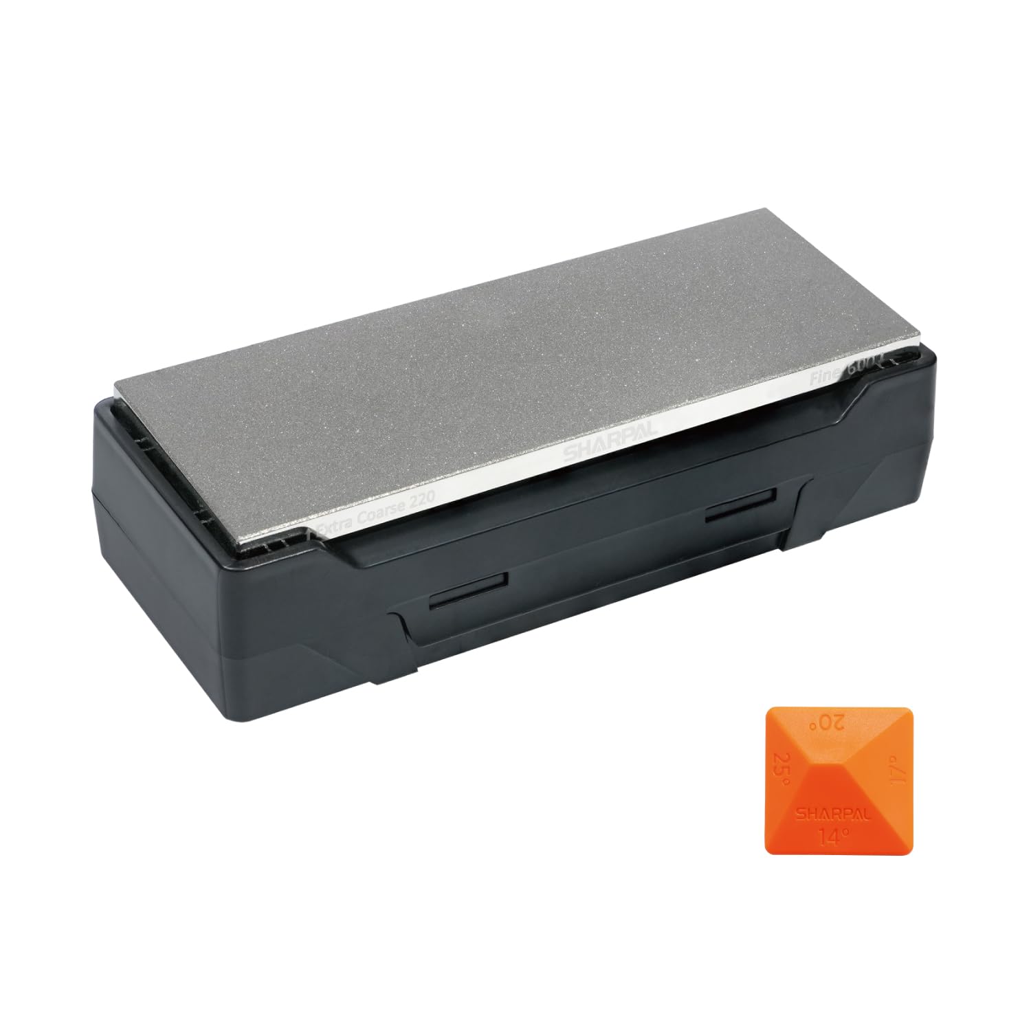 SHARPAL 163N Piedra de Afilar de Diamante Doble Cara 203x76 mm | Grano Extra Grueso 220 / Fino 600, Estuche Almacenamiento con Base Antideslizante, Guía de Ángulo, Afilador de Cuchillos