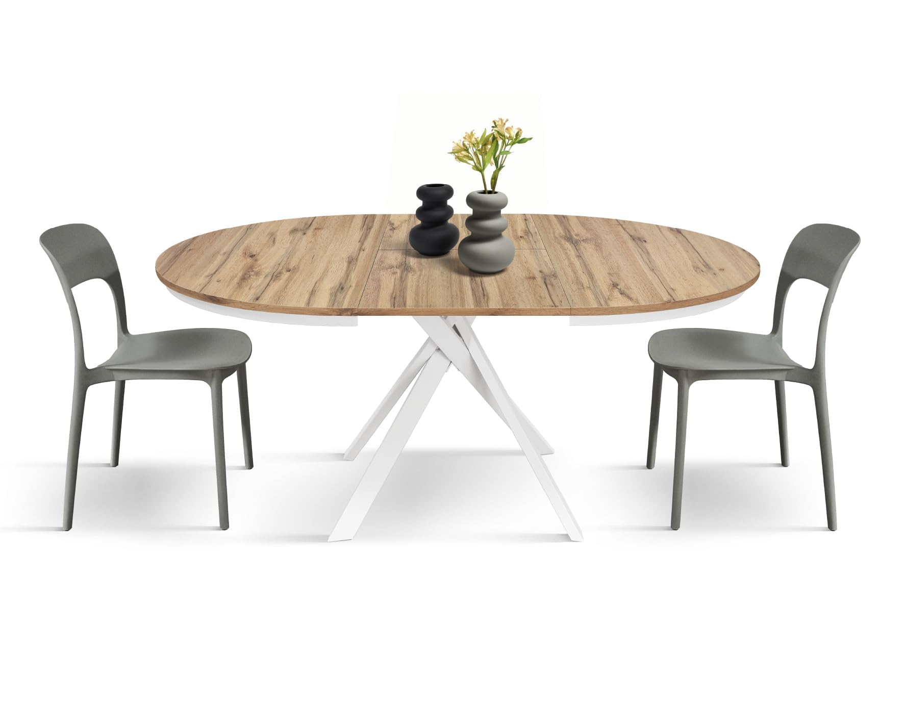 PAZZO DESIGN Tavolo Rotondo Allungabile Gabri, Tavolo Soggiorno, Cucina, Gambe Incrociate Shangay Bianche, Made in Italy, Rovere Rustico, da 120 a 170 cm - id_2177