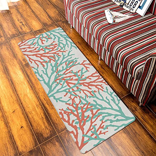 Teal Red Coral Door Mat - Leather Front Door Mat Non-Slip Kitchen Rugs, Summer Ocean Nautical Coastal Rustic Burlap Waterproof Floor Mats Indoor Outdoor Welcome Doormat For Doorway/Bathroom 18"X30" #TOP4