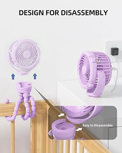 Miniatura 6 de Ventilador de cochecito, recargable con puerto tipo C, 4000 mAh, giratorio de 360, trípode flexible de 3 velocidades, clip en cualquier lugar para