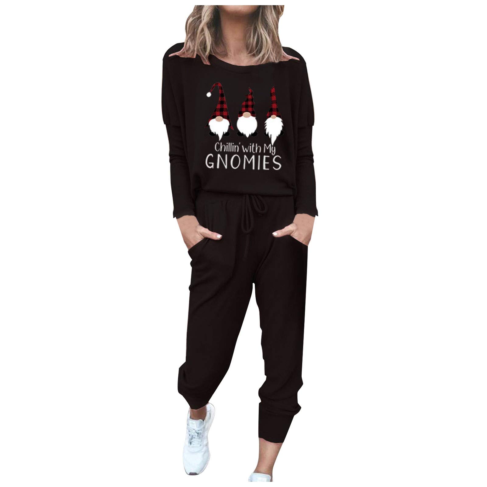 Women Blouse Pants Set Christmas Gnome Print Tracksuit Long Sleeve Casual Tops Leggings Sports Home Suit