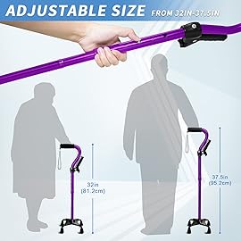 Adjustable Walking Cane for Men & Women with 4-Pronged Base for Extra Stability - Foldable Cane for Seniors with Foam Padded Offset Handle for Soft Grip & a Second Handle for Standing