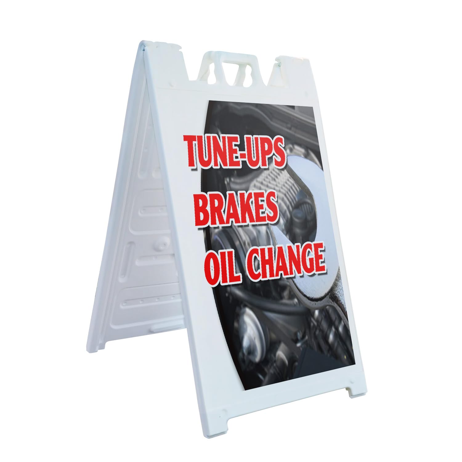 Photo 1 of A-Frame Sidewalk Tune Ups Brakes Oil Change 24" x 36" Double Sided A-Frame Sidewalk Sign, Includes 2 Installed Vinyl Decals | Foldable Portable White Signicade Sandwich Board Signs