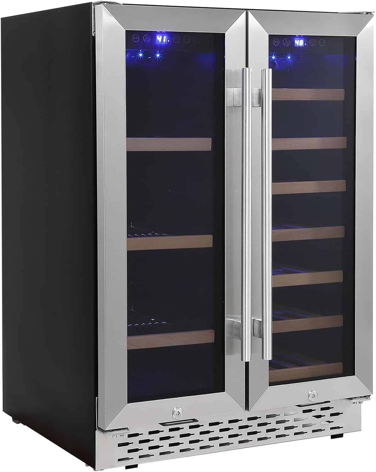 Dual Zone Wine and Beverage Refrigerator, Built-In or Freestanding, 19 Bottle 57 Can Capacity, Adjustable Racks, Quiet Compressor, Double Glass Door, Digital Control, Mini Fridge for Home Bar Kitchen