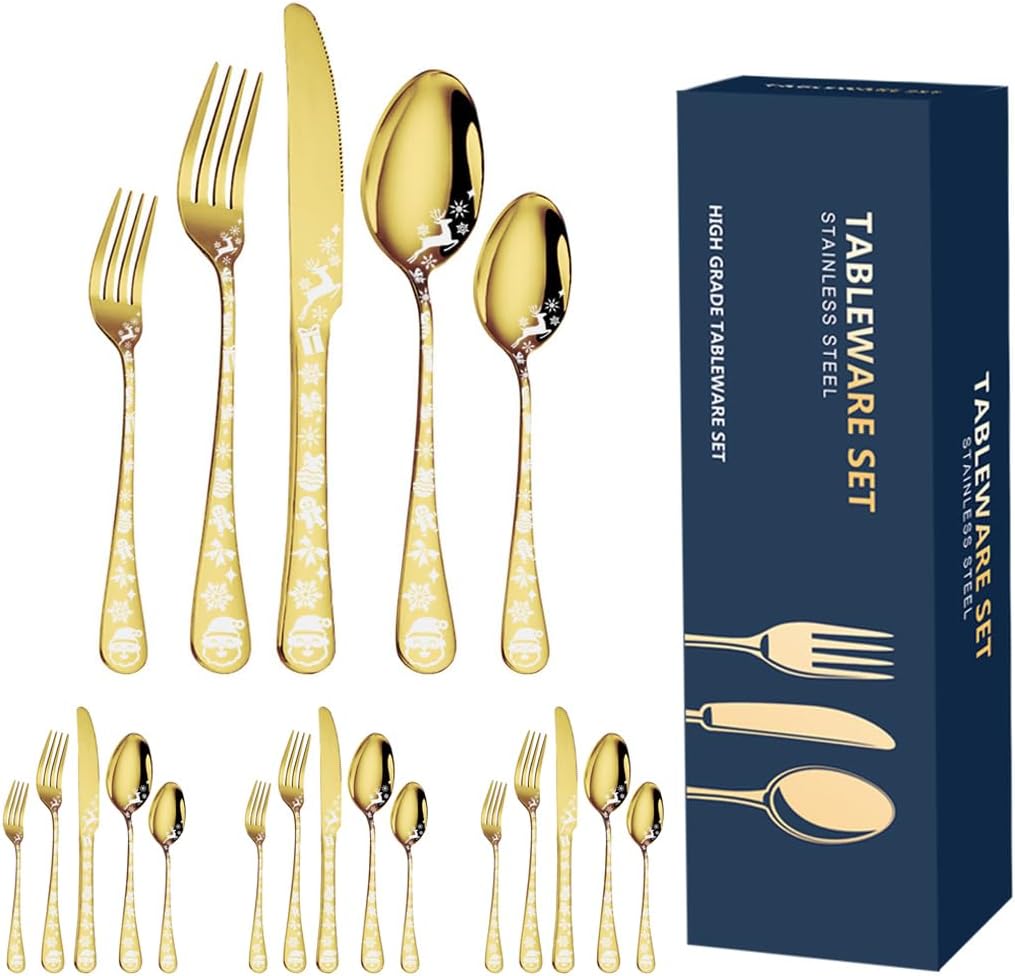 XIAOYU 20 Pieces Christmas Silverware Set, Black Flatware Set Service for 4, Stainless Steel Cutlery Tableware, Unique Snowflakes Santa Claus Elk Pattern Design, Dishwasher Safe, Gold