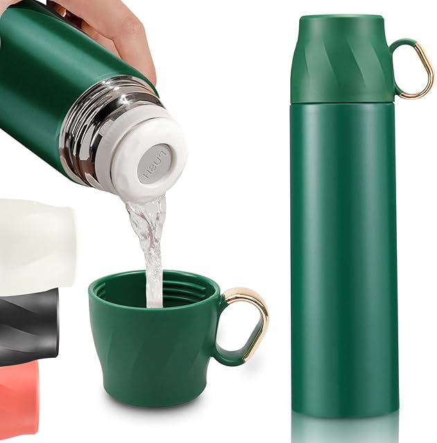 BOCHION Insulated Water Bottle, 500ML Stainless Steel Thermal Flask with Cup Lid, Double Walled Metal Vacuum Drink Flasks to Keep Cold/Hot, for Sports/Home/Office/Travel, BPA Free&Leak-Proof, Green