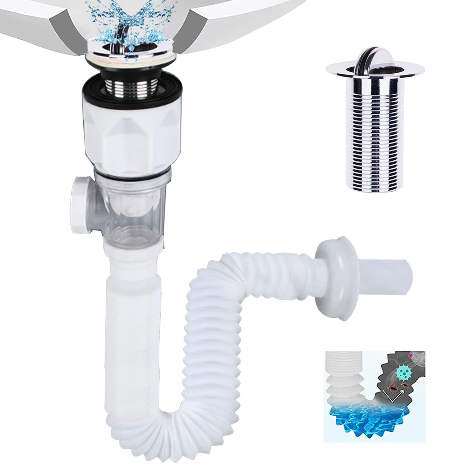 Yoawllty Bathroom Sink Drain Kit with Flexible Expandable S Down Pipe P Trap, Washbasin Extension Anti-Odor Bathroom Sink Drain Tube (White)