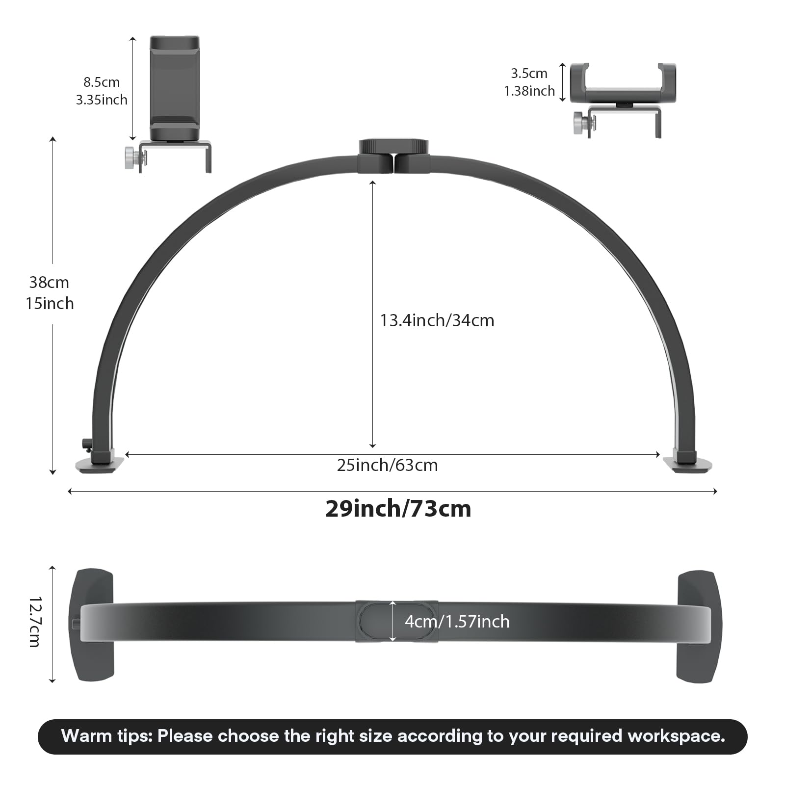 TopDirect Lampara Media Luna, 29" 42W LáMpara De Escritorio De UñAs con Soporte para Teléfono Móvil, LED Professional Nail Light Lash Light, Luz de Pestañas para SPA Facial Manicura (Negro,73cm)