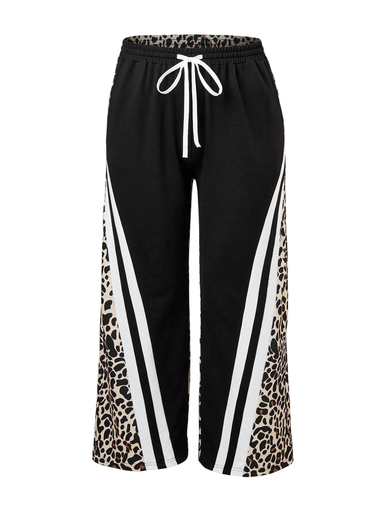 Womens Plus Size Striped Track Pants Y2K Leopard Drawstring Waist Wide Leg Baggy Sweatpants