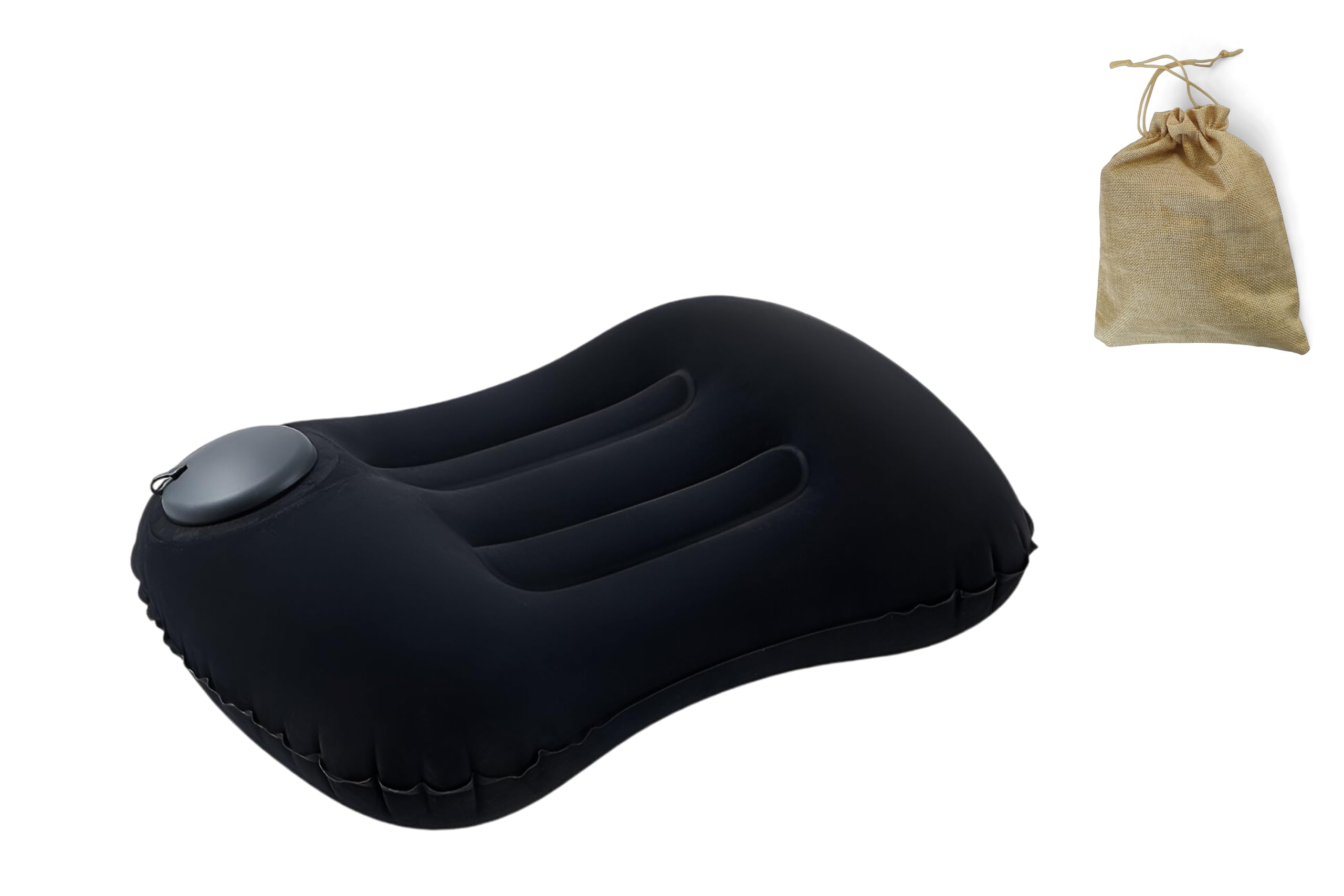 Tourable’s Hand Inflatable Travel Air Pillow with Pouch - Odour Free, Soft, Washable, Compact Pillows for Flight, Train, Car Trips & Camping - Lower Back & Neck Support (Darknight Black)