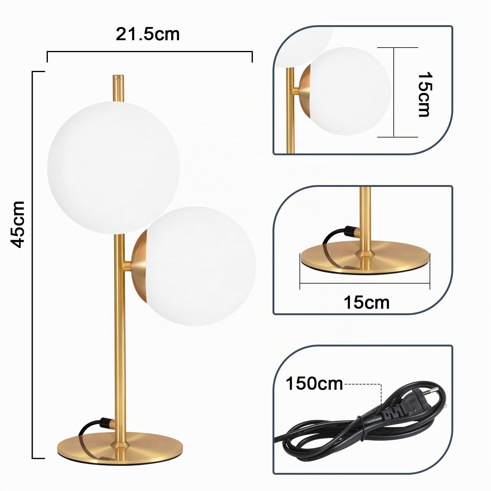 ZMH Lampada da tavolo per soggiorno, moderna, industriale, oro, 2 fiamme, con interruttore, design in metallo, vetro, lampada da comodino, in ottone, E27, per