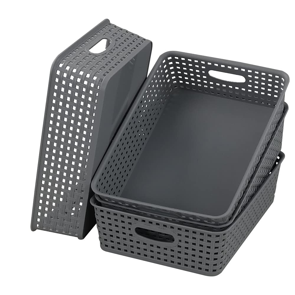 Joyeen Plastic Paper Storage Trays, Office Shallow Basket Set of 4 Grey