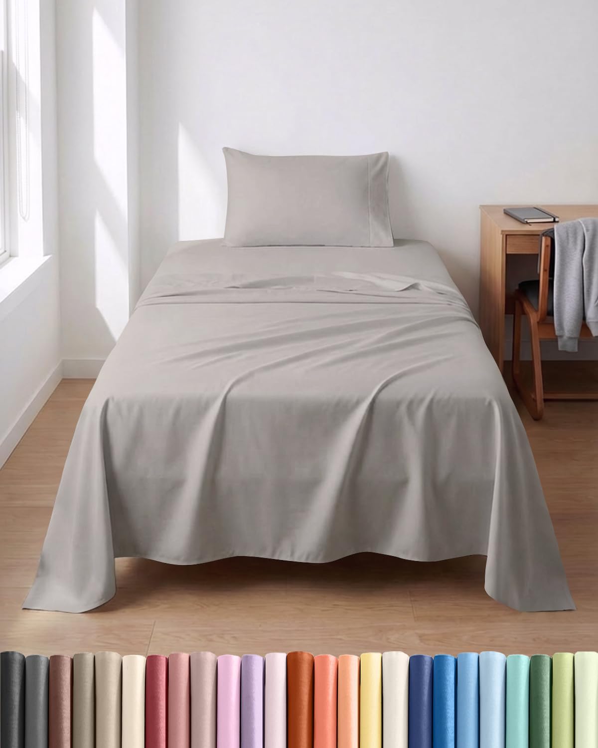 Lightweight 3 Piece Bed Sheet Set Twin Size - Cooling Sheets for Hot Sleepers - Soft Breathable Bedding Set w/ 8-16 Inch Deep Pockets - 1 Flat, 1 Fitted & 1 Pillowcase - Wrinkle Resistant - Light Grey
