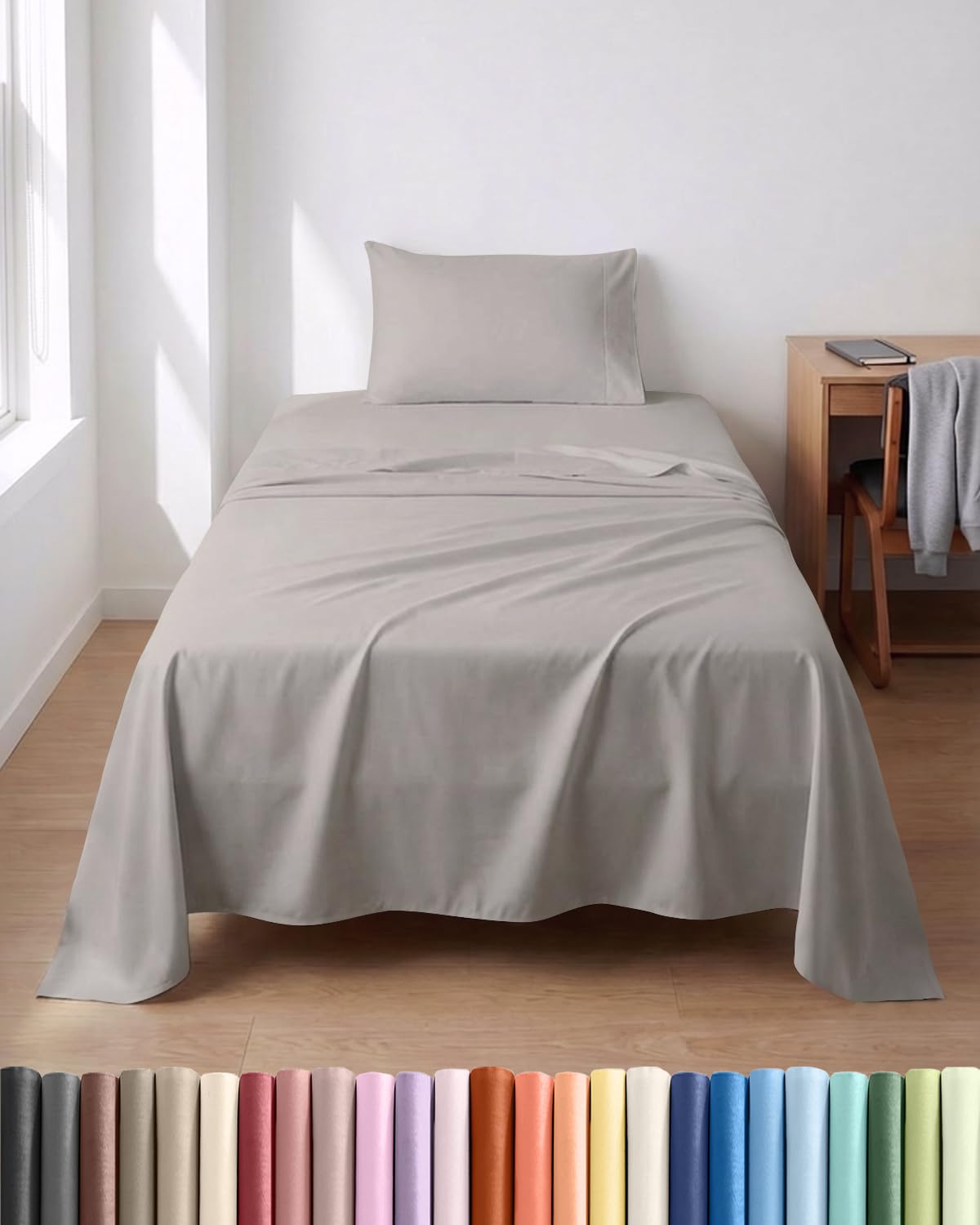 lightweight 3 piece college dorm sheets twin xl size - cooling sheets for hot sleepers - ultra-soft, breathable bedding set with 8-16 inch deep pockets - 1 flat & 1 fitted & 1 pillowcase - light grey