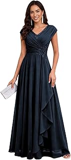 V-Neck Beaded Chiffon Mother of The Bride Dress - Lace Up Back Formal Gown for Wedding Guest