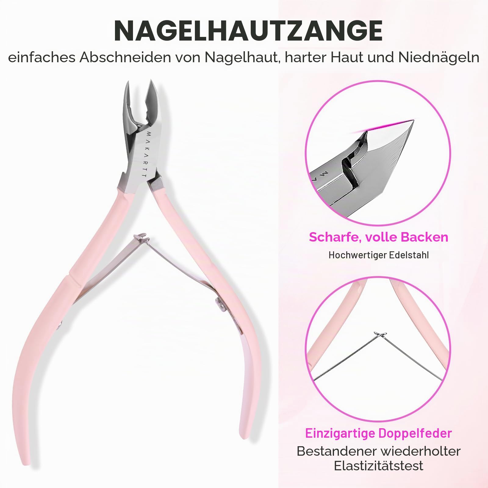 Makartt Nagelhautzange mit nagelhautentferner - 3 Pcs Rosa Cuticle Remover Tool, Professionelle nagelhautschere set mit Edelstahl-Nagelhaut Trimmer, Doppelend Nagelhautschieber und Nagelschaber