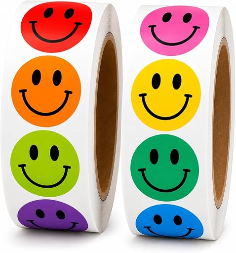 1000 Bulk Happy Smile Face Reward Stickers for Kids – 1 Inch Round Multicolor Smiley Classroom Stickers, Teacher Reward Labels for Behavior Charts, Homework Incentives & School Rewards, 2 Rolls of 500